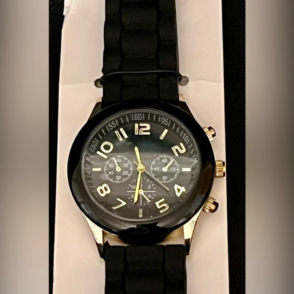 Darice Men's Black & Gold Chronograph Style Watch | Tactical Silicone Sport Band